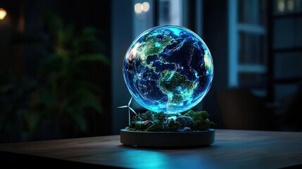 Poster - A glowing, holographic globe sits on a table, showcasing vibrant continents and oceans, illuminated in a darkened room.