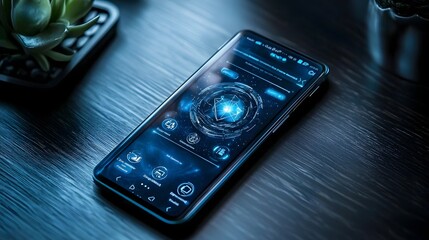 Poster - futuristic smartphone device with a transparent holographic display of a virtual quantum assistant i