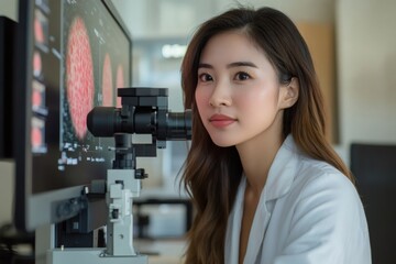 Fototapete - Scientist analyzing samples with advanced microscope in laboratory setting