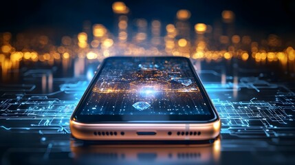 Poster - Futuristic image of a sleek sophisticated smartphone powered by quantum technology showcasing holographic applications quantum based security features