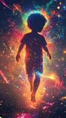 Leinwandbilder - Child embracing a vibrant cosmic glow in a mystical landscape under a starry sky during twilight