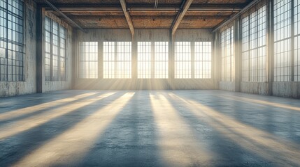 Poster - Sunlight illuminating empty industrial warehouse through large windows