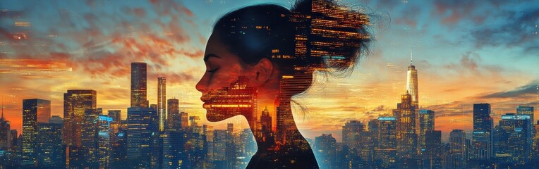 Poster - Silhouette of a woman blended with a city skyline at sunset creating a striking visual contrast
