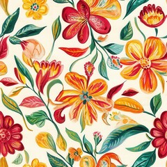 Aufkleber - Colorful doodle cartoon style watercolor floral pattern full of vibrant flowers and leaves