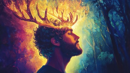 Aufkleber - Vibrant profile of a man with antlers surrounded by colorful flames and mystical forest elements at twilight