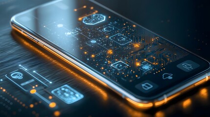 Poster - A cutting edge smartphone equipped with quantum technology featuring glowing circuits and AI driven apps displayed on the sleek futuristic screen