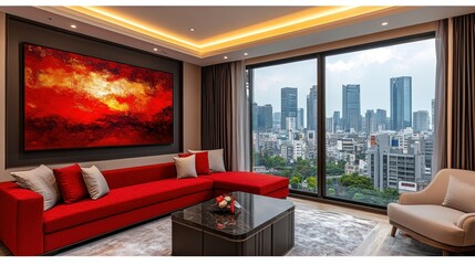 Poster - Modern living room with city view and abstract art.
