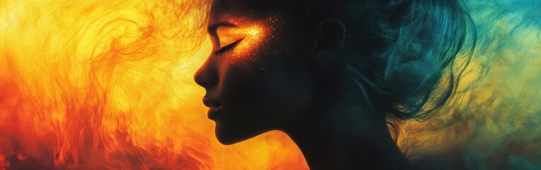 Poster - Surreal representation of a glowing woman amidst vibrant colors and ethereal light