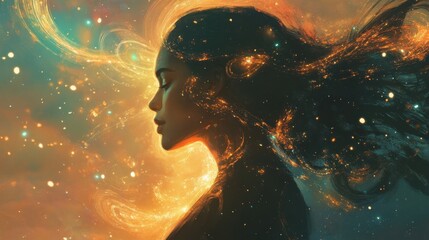 Aufkleber - Surreal glowing representation of a woman in a cosmic atmosphere at twilight