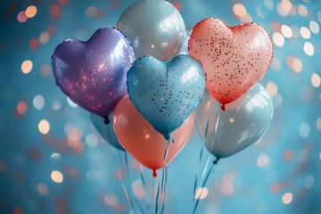 Poster - Heart shaped balloons floating on a teal background with festive confetti