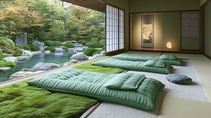 Poster - Tranquil Japanese room with garden view and futons.