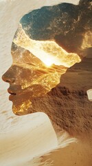 Poster - Surreal depiction of a glowing woman with an ethereal landscape on her silhouette under a sunset