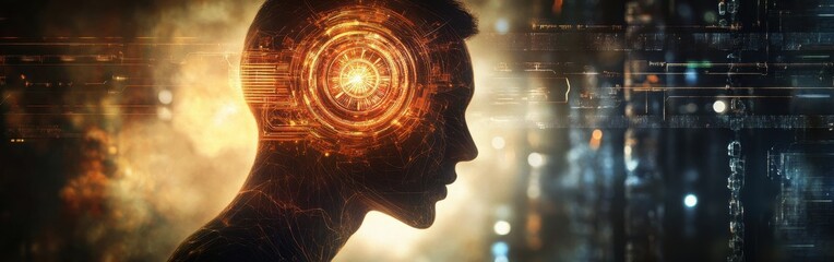 Aufkleber - Surreal representation of a glowing man against a digital backdrop showcasing futuristic technology