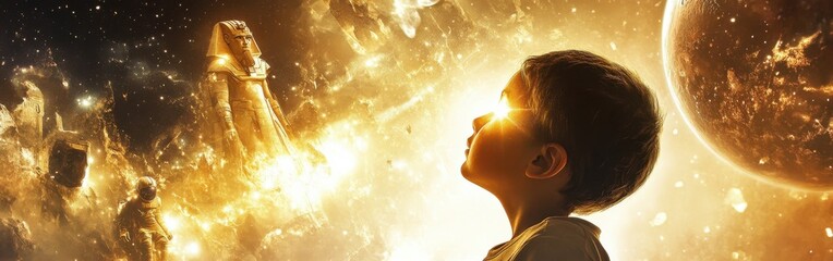 Poster - Surreal portrait of a glowing child gazing into a cosmic landscape full of ancient figures and vibrant colors
