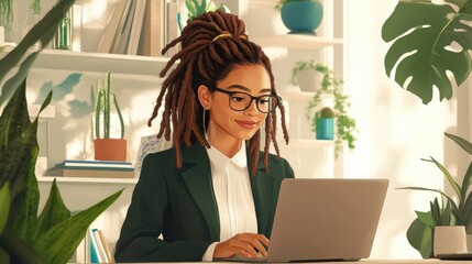 Poster - Stylish office environment with a young woman working on a laptop and surrounded by plants
