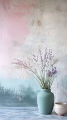 Poster - Smooth concrete texture in pastel hues with a decorative vase of flowers on a table