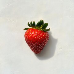 Poster - Fresh bright red strawberry resting on a smooth white surface illuminated by soft natural light