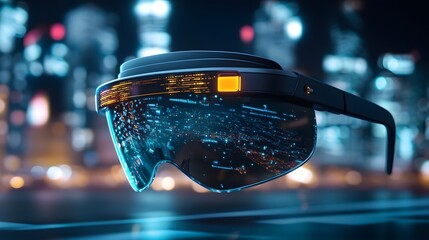 Poster - Futuristic smart glasses utilizing advanced quantum technology featuring vibrant holographic overlays for an immersive and interactive virtual experience