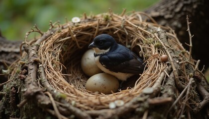 Close-up of a bird sitting in a nest with eggs in a serene forest environment
