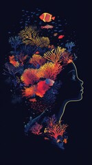 Aufkleber - Serene silhouette of a child surrounded by vibrant underwater coral ecosystems at twilight