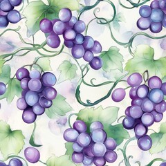 Aufkleber - Vibrant watercolor doodles of grapes intertwined with lush green vines set against a soft background