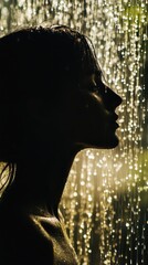 Poster - Portrait of a woman illuminated by cascading water in a tranquil environment during golden hour