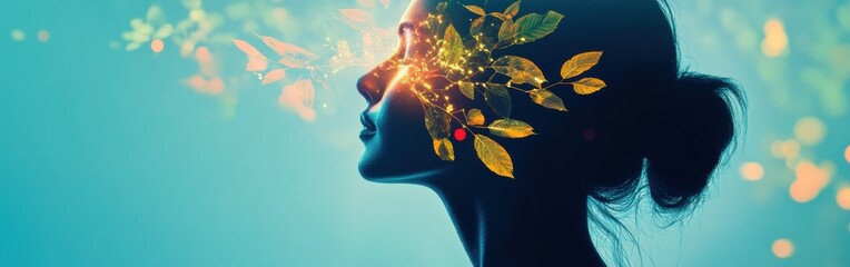 Poster - Portrait of a woman with glowing elements reflecting nature against a serene blue background during twilight