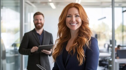 Poster - Confident professional woman leads in modern workspace with colleague in the background