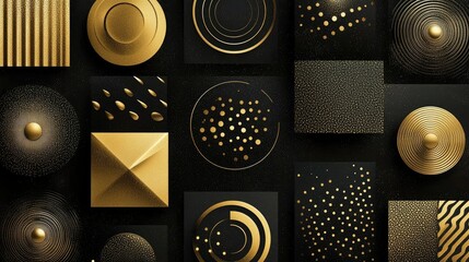 Poster - Elegant Collection of Golden Geometric Patterns on Black Background Featuring a Variety of Shapes in Vivid Detail for Modern Design and Creative Projects