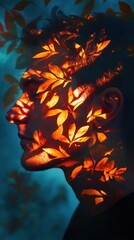 Aufkleber - Mystical profile of a man illuminated by vibrant leaves in a surreal setting