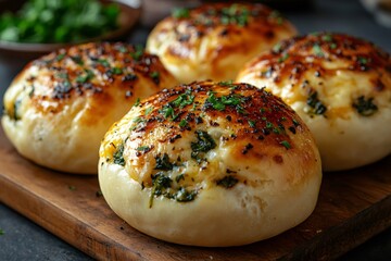 Wall Mural - Delicious homemade spinach and cheese stuffed buns sprinkled with parsley on wooden board