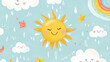 © Cavad - Cartoon cute weather characters seamless pattern. Wrapping paper print, wallpaper vector pattern or textile backdrop with rain and thunderstorm cloud, sun, rainbow, hurricane and lightning personages