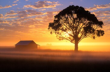 Canvas Print - Sunrise illuminates a shed and tree in a misty field