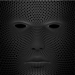 Poster - Face with a dark, almost black background. The face is made up of many small dots, giving it a very detailed and intricate appearance. Scene is mysterious and somewhat eerie