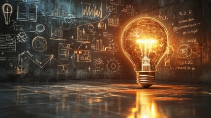 Aufkleber - Oversized glowing light bulb illuminating a creative workspace with dynamic diagrams and charts on the wall