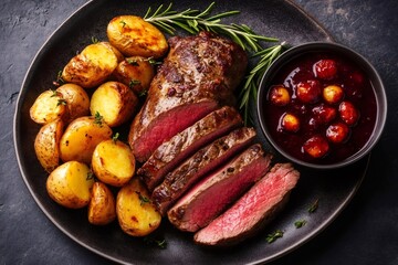 Wall Mural - Sliced grilled beef steak with roasted potatoes and cranberry sauce