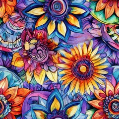 Poster - Dynamic watercolor doodles featuring vibrant flowers and intricate patterns in a colorful arrangement