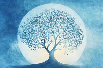 Wall Mural - artistic representation of a majestic tree with a vibrant blue and white background, symbolizing nat