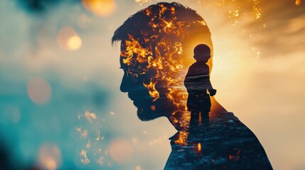 Poster - Creative double exposure of a father's silhouette merged with a fiery landscape and a child's figure during sunset