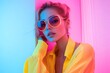 © Lubos Chlubny - Fashion model posing with sunglasses and yellow shirt under colorful lights