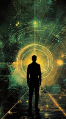 Aufkleber - Man glowing with energy stands in a vibrant, futuristic setting filled with abstract patterns and luminous elements