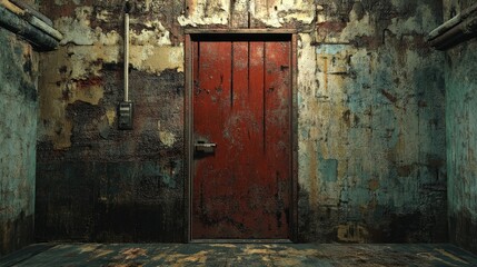 Poster - Aged and Weathered Red Door Surrounded by Grungy Walls in an Abandoned Urban Space Evoking a Sense of Mystery and Decay