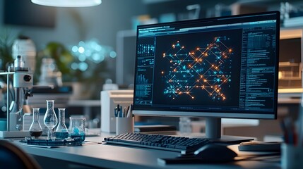 Poster - A quantum powered system calculating optimized drug formulas with glowing molecular diagrams projected in 3D leaving copy space on the left