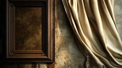 Poster - Elegant Empty Picture Frame on a Textured Wall with Soft Draped Curtain in Warm Tones Creating a Sophisticated and Timeless Artistic Atmosphere
