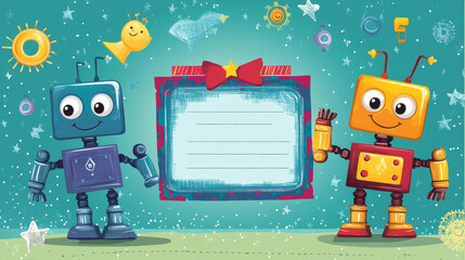 Poster - Cartoon robots kids education diploma, vector certificate for school or kindergarten with cute humanoid cyborgs, androids or drones artificial intelligence characters, award graduation frame template