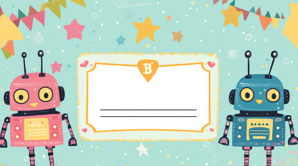 Poster - Cartoon robots kids education diploma, vector certificate for school or kindergarten with cute humanoid cyborgs, androids or drones artificial intelligence characters, award graduation frame template