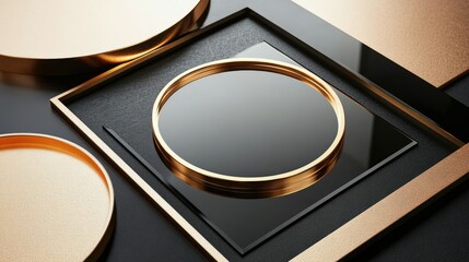 Poster - Elegant and Modern Abstract Composition Featuring Circular and Rectangular Shapes in Black and Gold Tones, Perfect for Backgrounds and Design Projects