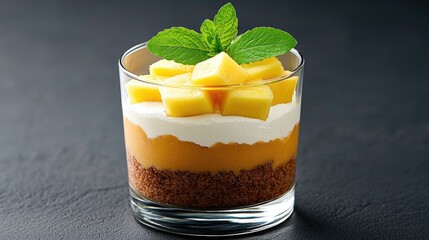 Delicious mango dessert layered with cream glass cup food photography dark background close-up sweet treat concept