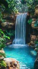Poster - Majestic waterfall cascading into a crystal clear pool surrounded by lush greenery in a tropical paradise