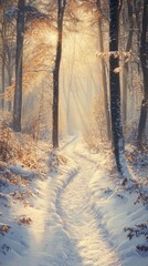 Poster - Snowy trail winding through a serene forest illuminated by soft sunlight in winter